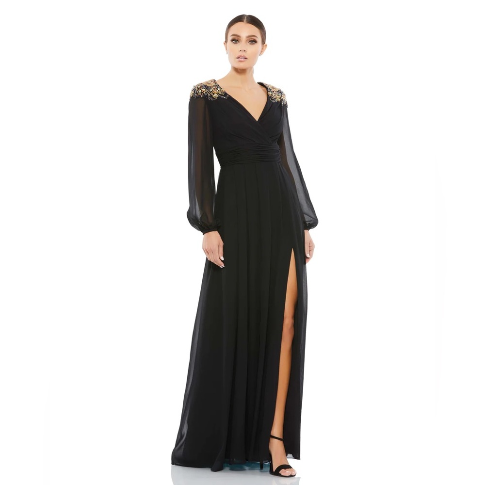 Mac Duggal Embellish Shoulder Black Blouson Sleeve Formal‎ Evening Gown Sz 8 NWT